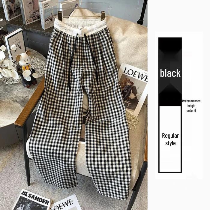 

2025 Women s High-Waist Plaid Wide-Leg Pants - Summer Casual Straight-Leg with Drawstring XL чорний