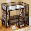 Lit mezzanine multifonctionnel 90 x 200 cm, Lit en métal avec rangement, étagères et escalier, Lit adulte et lit enfant, Noir