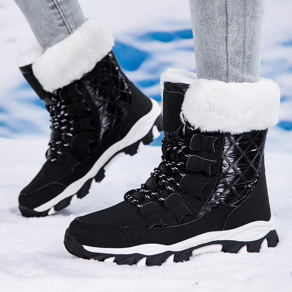 Fashion High-top Boots Women's Fur-lined Snow Boots Warm Cotton Shoes Winter Outdoor Hiking Sneakers Plush Walking Shoes