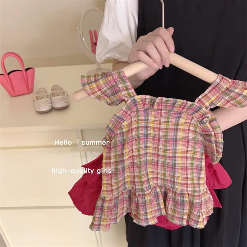 Adorable Korean Style Girls Cotton Two Piece Set For Summer With Sweet Checkered Design