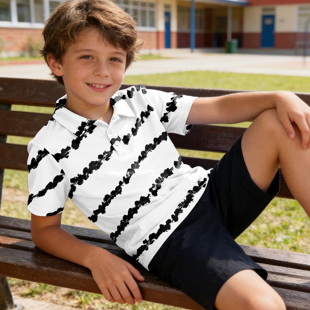 Kids Polo Shirt Short Sleeve Quick Dry Breathable Fabric Collared Tee with Striped Pattern Suitable for Casual Wear and Outdoor Activities