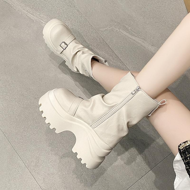 Mote Dame Skinnstøvler Nye Vinter Motorsykkelstøvler 9.5CM Kilehæler Høy Plattform Chunky Sko Kvinne Høst Tykk Såle Punk Støvler