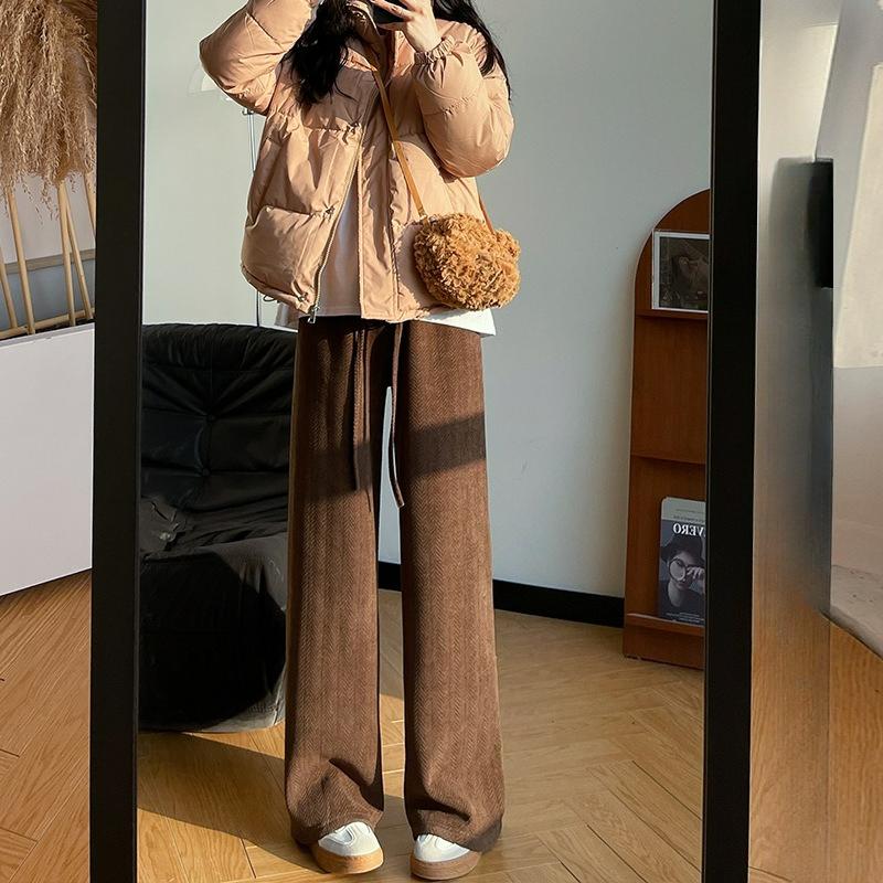 Herringbone Chenille Wide-leg Trousers Ladies's Autumn and Winter Plus Velvet Trousers Are Thin, Loose Casual High-waist Straight-leg Trousers