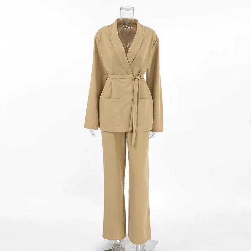 

Western Style Loose Fashion Casual Lace up Top Trousers Set Lace up Top and Pants Set Khaki L