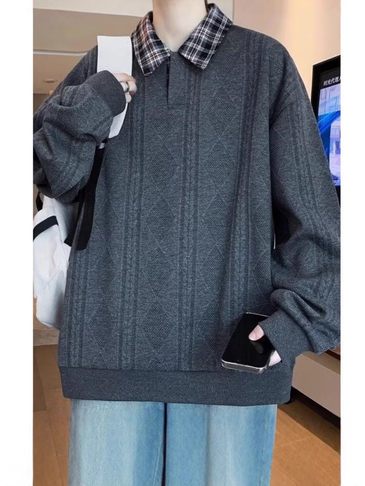 Men's Retro Color Block Plaid Long Sleeve Polo Collar Hoodie