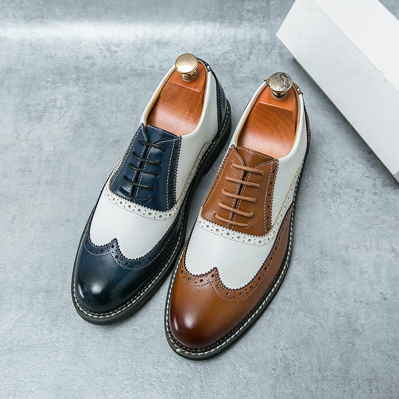 British Men's Trendy Shoes Handmade Sole Brogue Shoes Fashionable Blue Men's Leather Casual Shoes Versatile Free Delivery