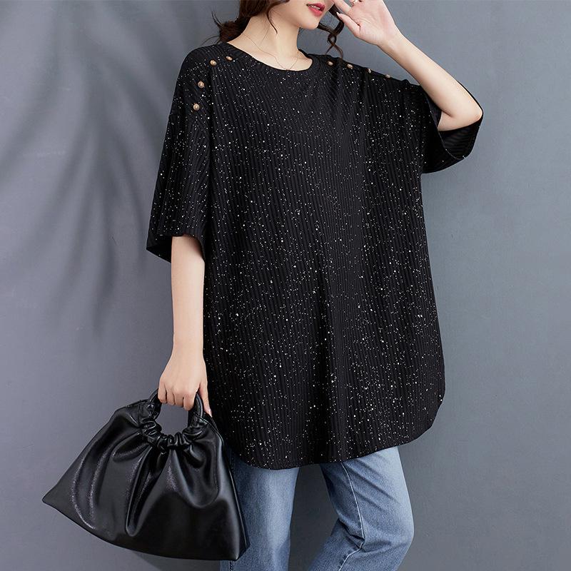 

Starry Sky Sequin Plus Size Loose Pullover T-Shirt One Size чорний