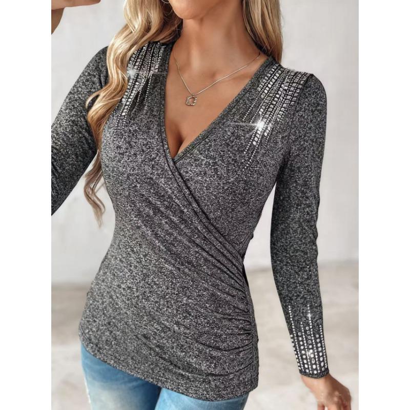 Women S Long Sleeve V Neck Solid Rhinestone T Shirt Plus Size