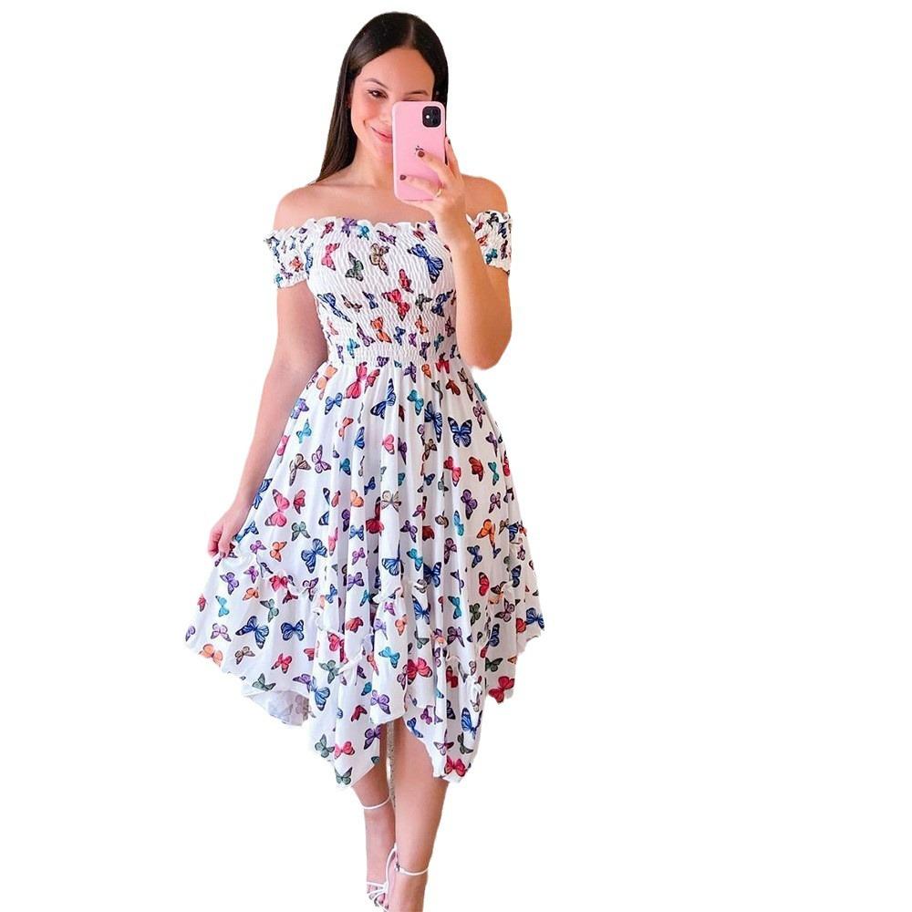 2026 European and American cross-border Amazon ebay dress one-word shoulder irregular off-the-shoulder digital printing medium and long dress
