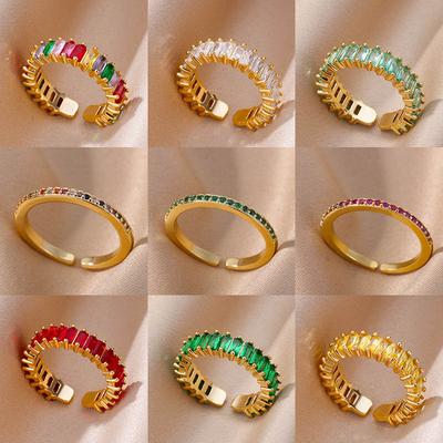 Mini Bagues Zircon Vert pour Femmes Acier Inoxydable Couleur Dorée Bague de Doigt Réglable Fiançailles Mariage Noël Bijoux Cadeau