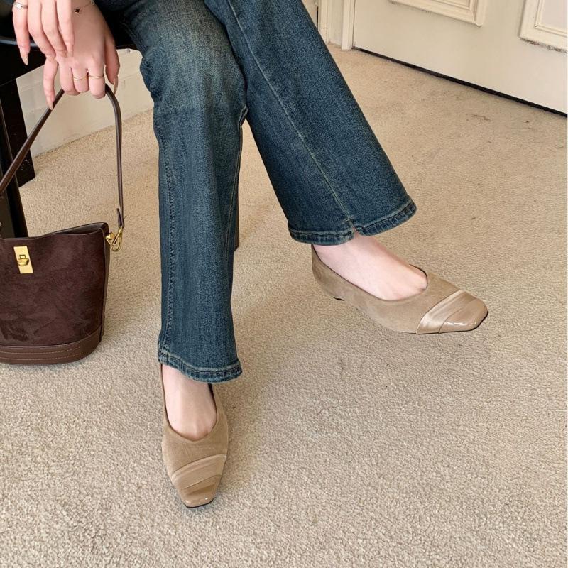 2025 Spring New Square Head Simple Versatile Light Mouth Shoes French Fairy Style Color Matching Flat Flat Heel Soft Leather Shoes