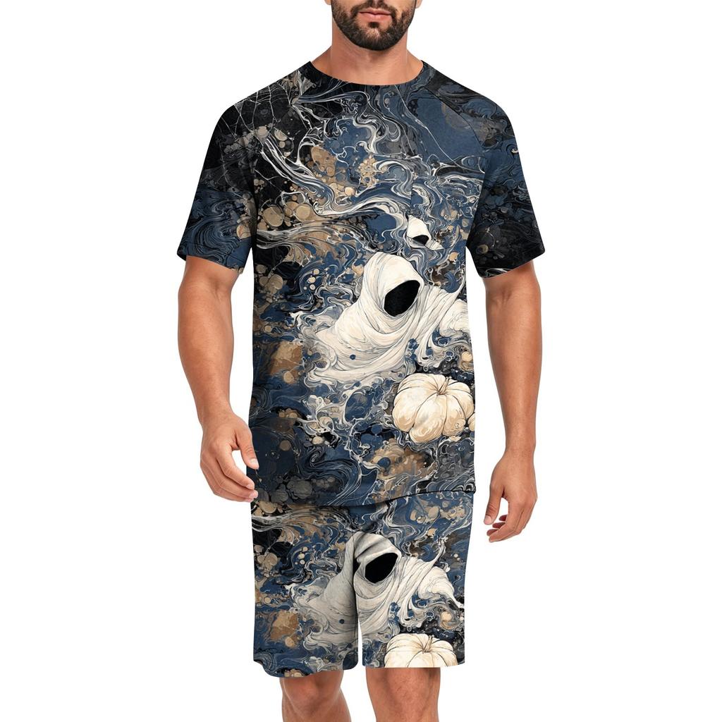 Men's Halloween Casual Pajama Set Short Sleeve Top and Shorts Comfortable Lightweight Sleepwear Set with Pumpkin and Bat Print for Home Use