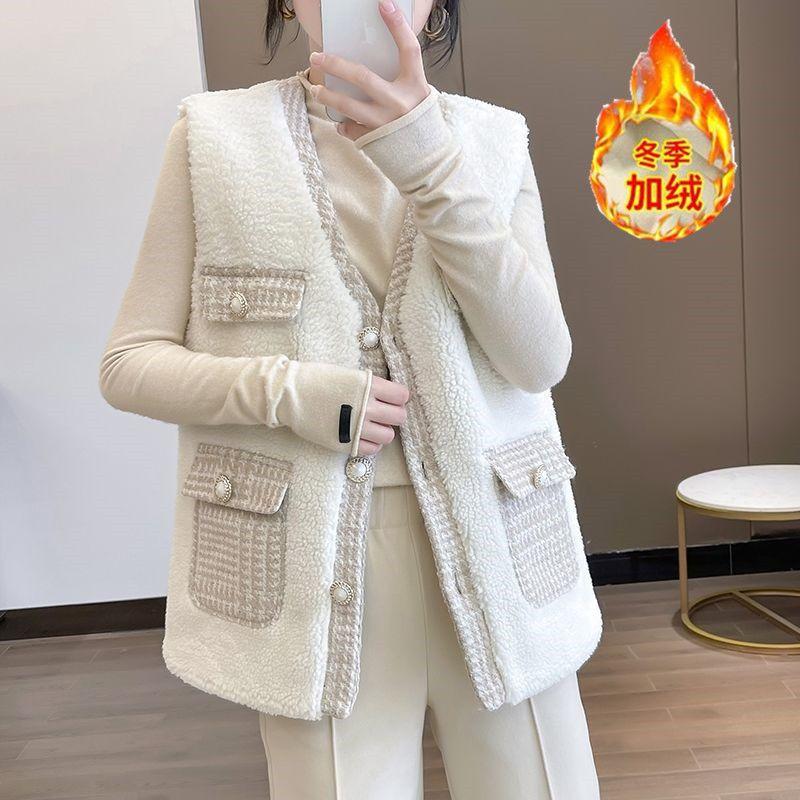 Slightly Fat Lamb Wool Vest Autumn and Winter New Tweed Splicing Vest Vest Vest Fashion Coat Women