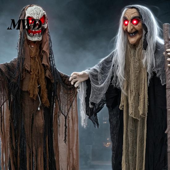 Motion Sensor Haunted Props Halloween Scary Animatronics Witch Decoration, Sound Activated Standing with Creepy Secret Room Accessories Voice, Horror