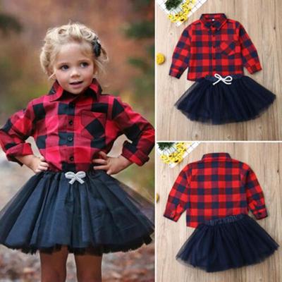 Chic Infant Baby Girls Outfits 2 Pcs Red Long Sleeve Ruffle Shirt Top+Plaid Tutu Skirt Party Casual Clothes 0-5Y
