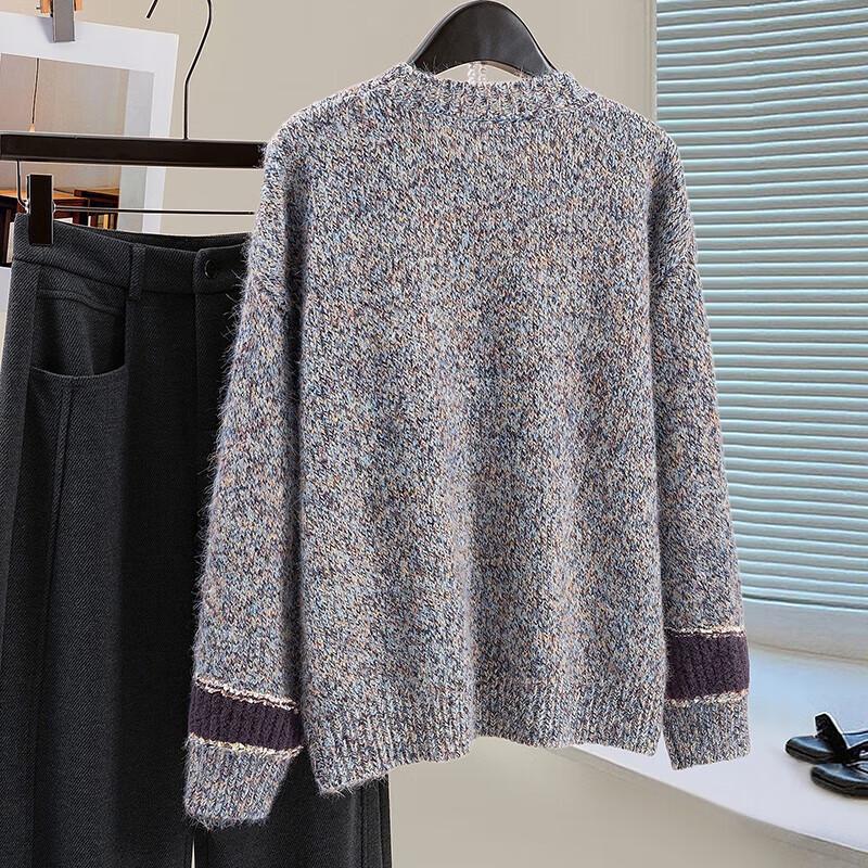 Women's Loose Fit Round Neck Color-Block Wool Blend Sweater
