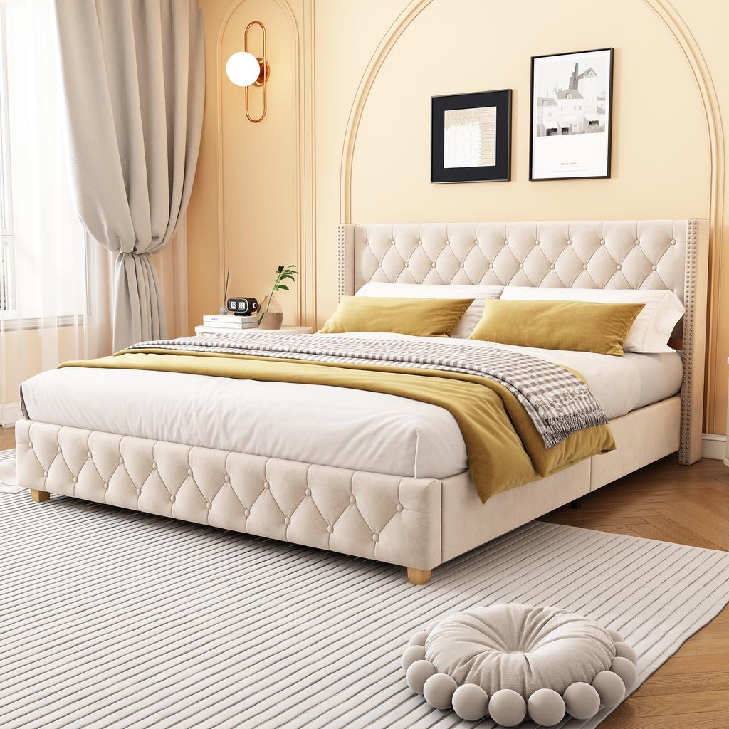 Upholstered Bed 160*200cm with Slatted Frame and Headboard, Button Tufting, Stud Upholstery, Wooden Legs, Velvet, Light Beige