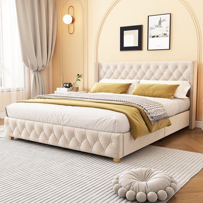 Upholstered Bed 160*200cm with Slatted Frame and Headboard, Button Tufting, Stud Upholstery, Wooden Legs, Velvet, Light Beige