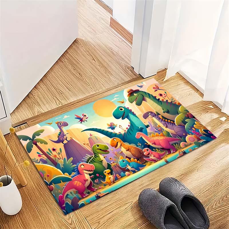 Cartoon Colorful Dinosaur Jungle Sun Landscape Print Area Rug Non‑Slip Rectangular Floor Mat Prehistoric Home Decor