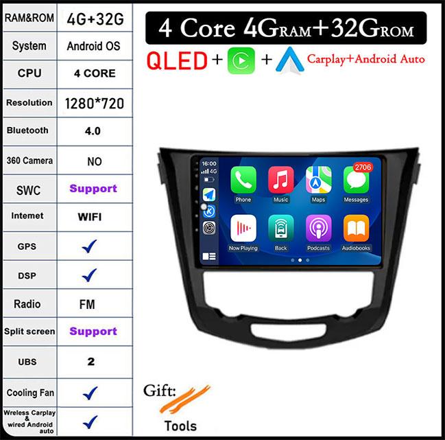 10" DSP For Nissan Qashqai J11 Nissan X trail T32 2014 - 2017 Android 14 Car Multimedia Radio Carplay GPS Navigation
