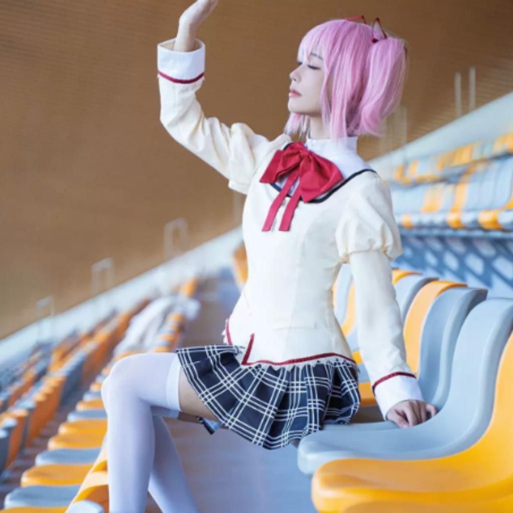 Puella Magi Madoka Magica School Uniform Cosplay Costume Full Set with Wig for Halloween Party