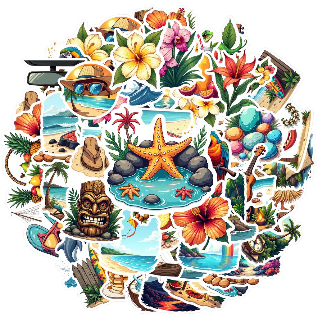 35-70 Pièces Autocollants Thème Tropical Hawaïen Décalcomanies Esthétiques Téléphone Cahier Valise Ordinateur Portable Réfrigérateur Papeterie Autocollant Mural