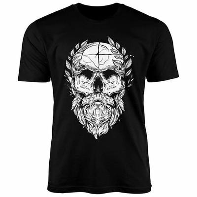 Neverless Herren T-Shirt Totenkopf mit Bart Lorbeer Bart Totenkopf Druck Shirt-