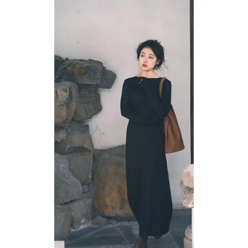Autumn new women's clothing cold department unique chic knitted long dress high-end black dress