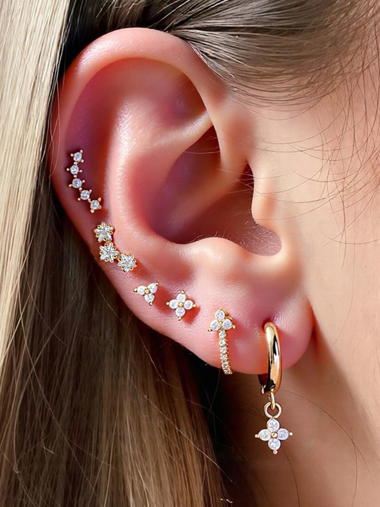 6pcs Romantic Sweet Cubic Zirconia Flower Pentagram Earrings Set for Women Daily Wear Fashion Jewelry Accessory