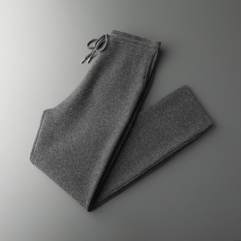 Men's Cashmere Trousers: Versatile, Four-Way Stretch, Trendy Loose Fit, Split Hem, Solid Color for Autumn and Winter.