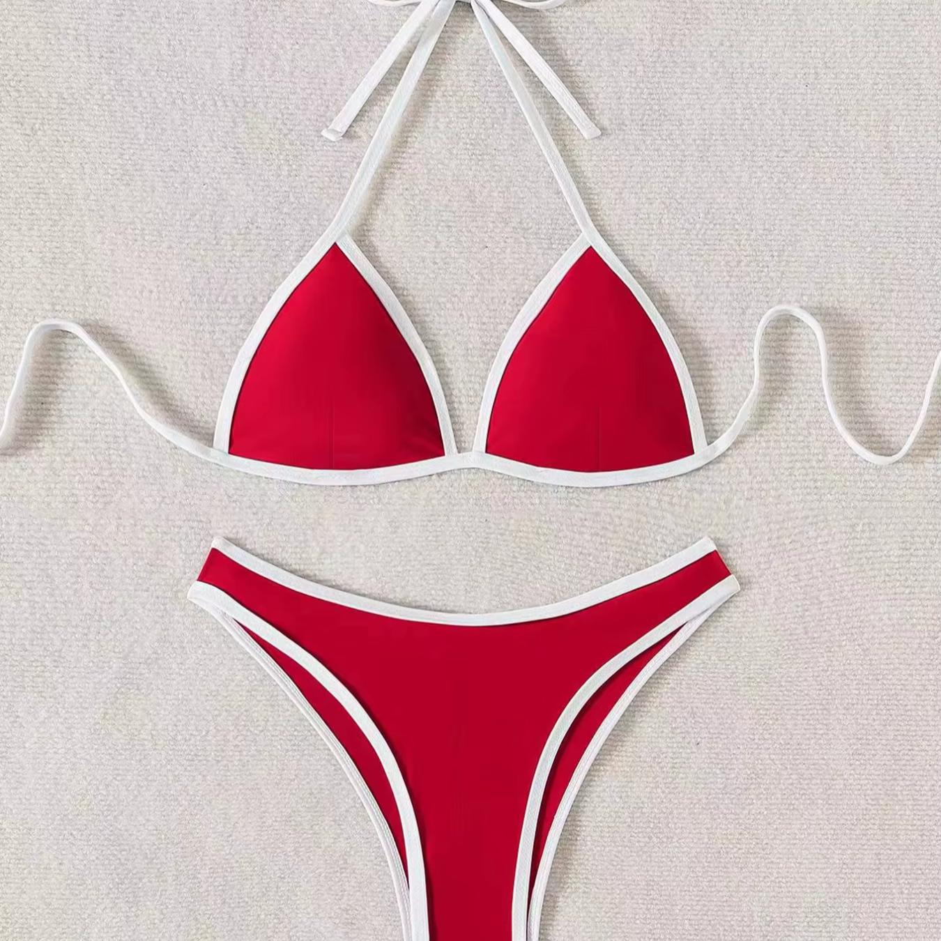 

Новые сексуальные комплекты бикини с завязками на шее, купальник для женщин, бразильские купальники, женские двухсекционные купальные костюмы, летняя пляжная одежда S красный