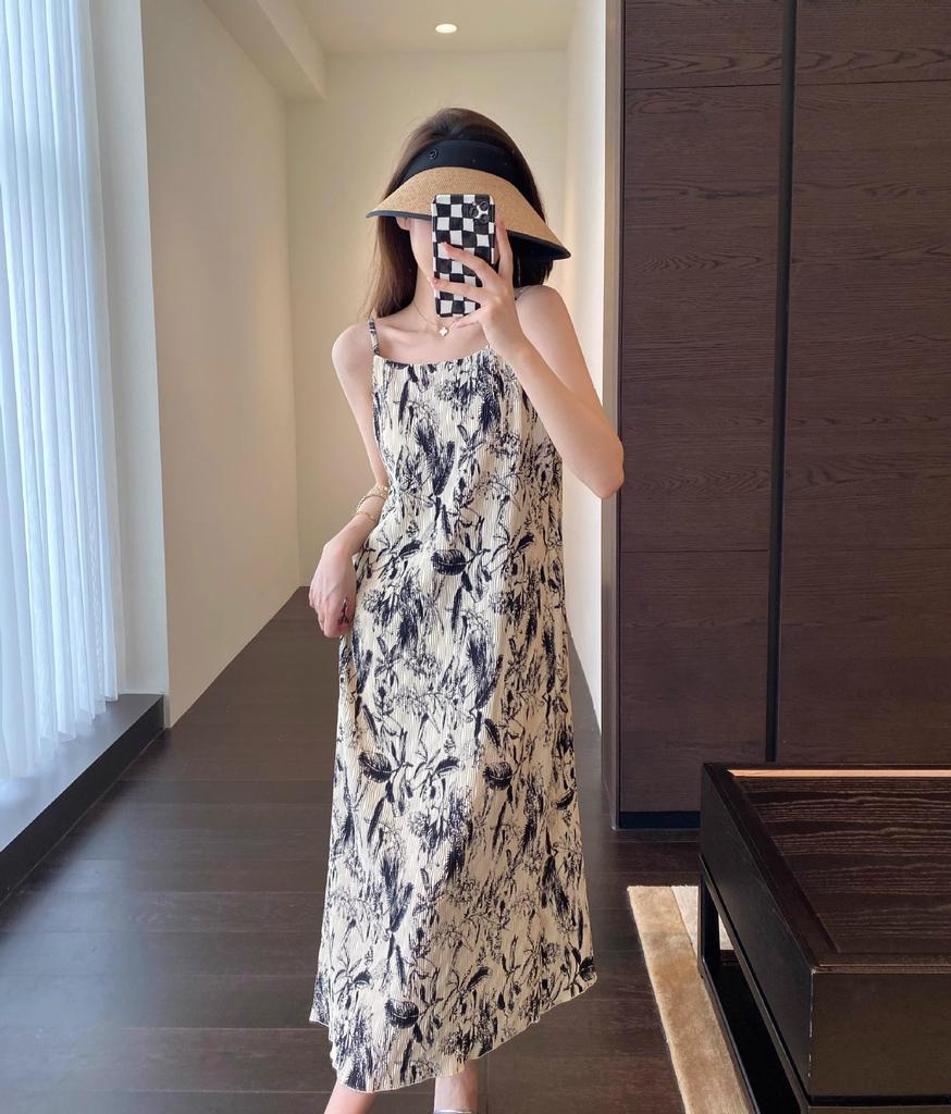 Smart and Elegant, Heavy Industry Pleated Double-layer Craft Printing Holiday Dress Suspender Skirt Women's Summer New