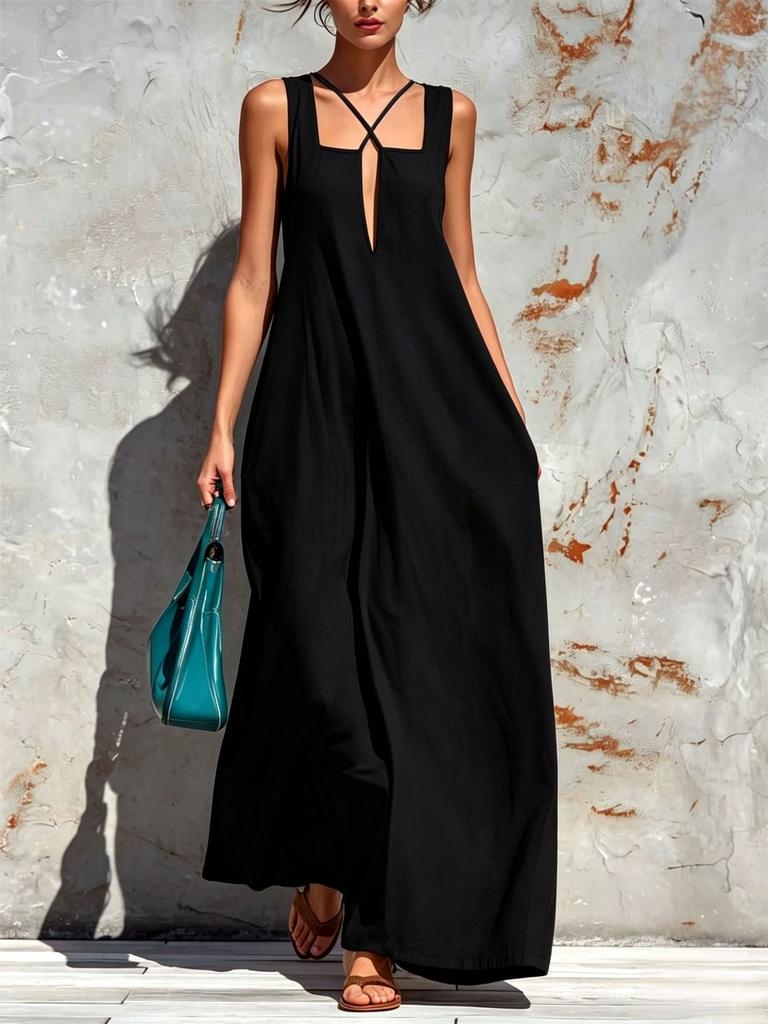 European and American cross-border Amazon Bohemian vacation style square collar cross neck long dress loose pendulum dress