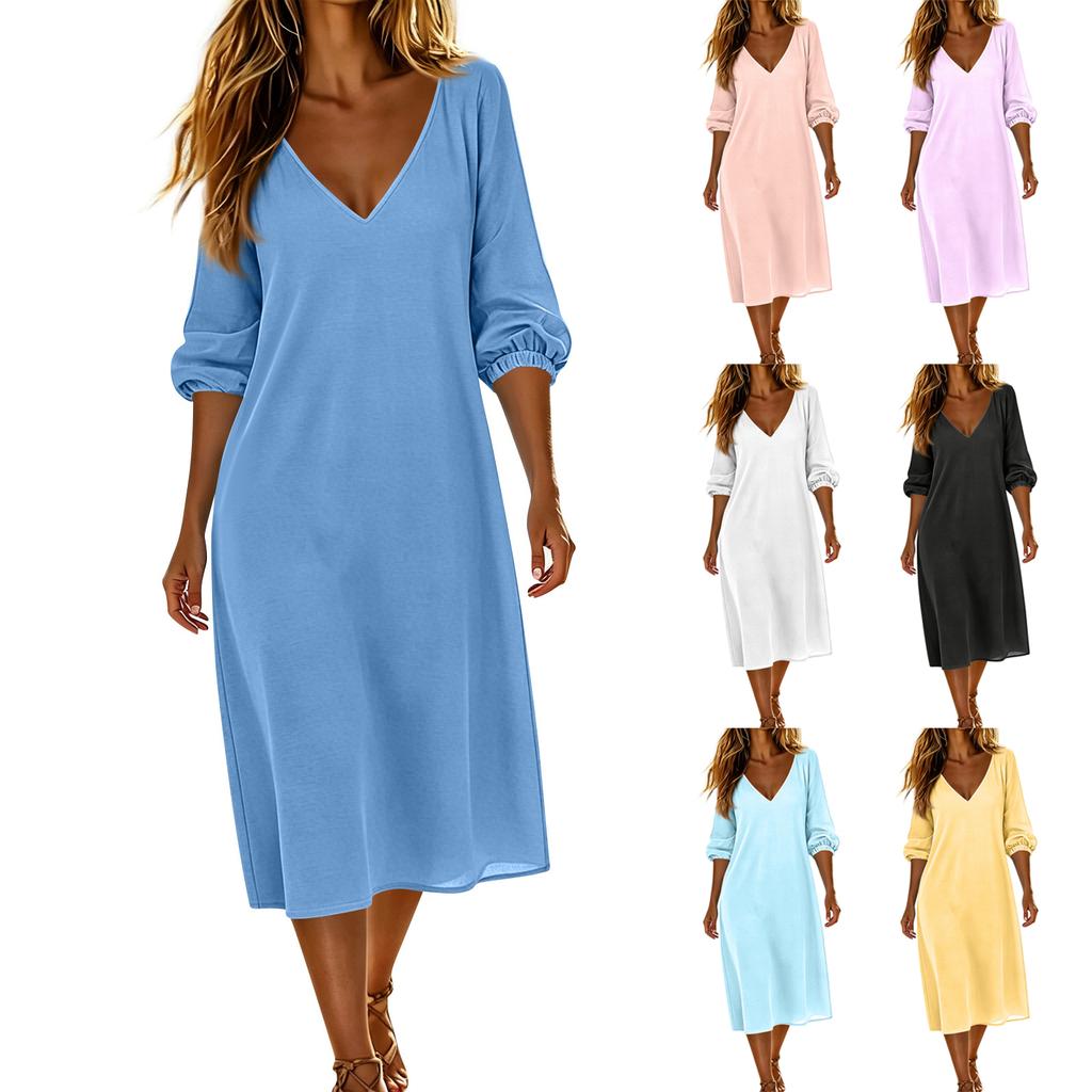 Women's Summer Fashion V Neck Seven Quarter Sleeve Casual Cotton And Linen Vacation Beach Dress