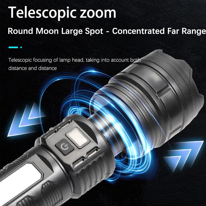 Type C Rechargeable Flashlight High Brightness Zoom Strobe COB Sidelight Battery Gauge Large Capacity ABS Camping Search Light