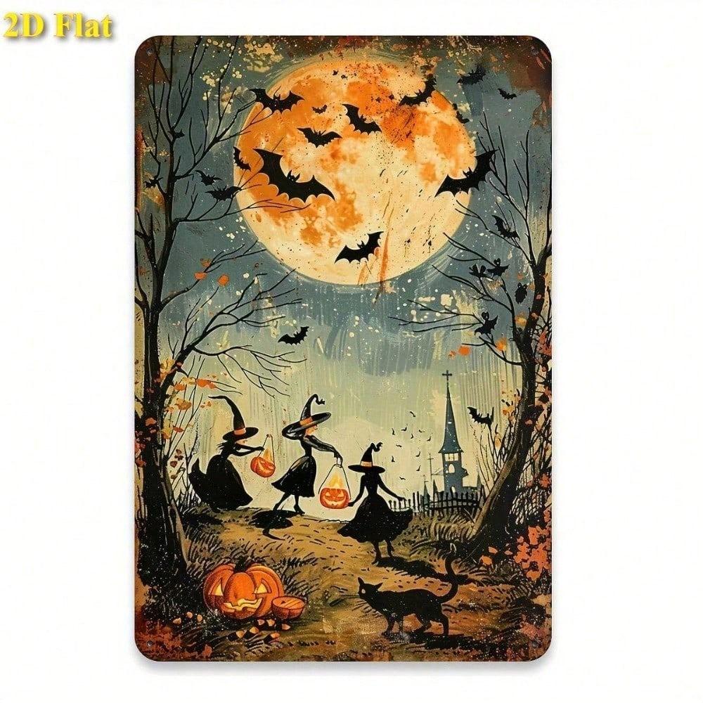 Vintage Halloween Witch Metal Sign 8x12in, Retro Bat Wall Decor for Home Garden Cafe Garage, Indoor Outdoor