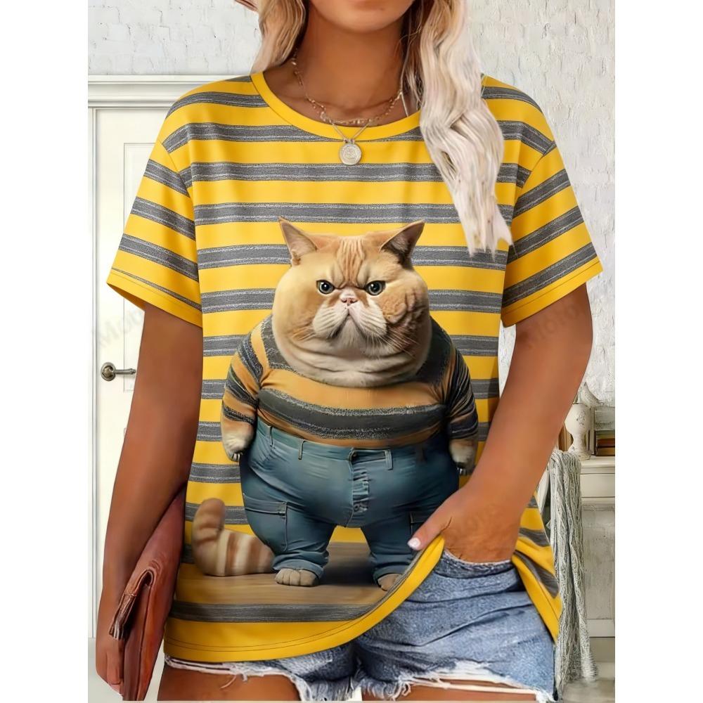 Fashion Cute Cat Pattern Women's T-Shirt Casual Comfortable Animal Printed OverSize Round Neck Short Sleeve T-Shirt
