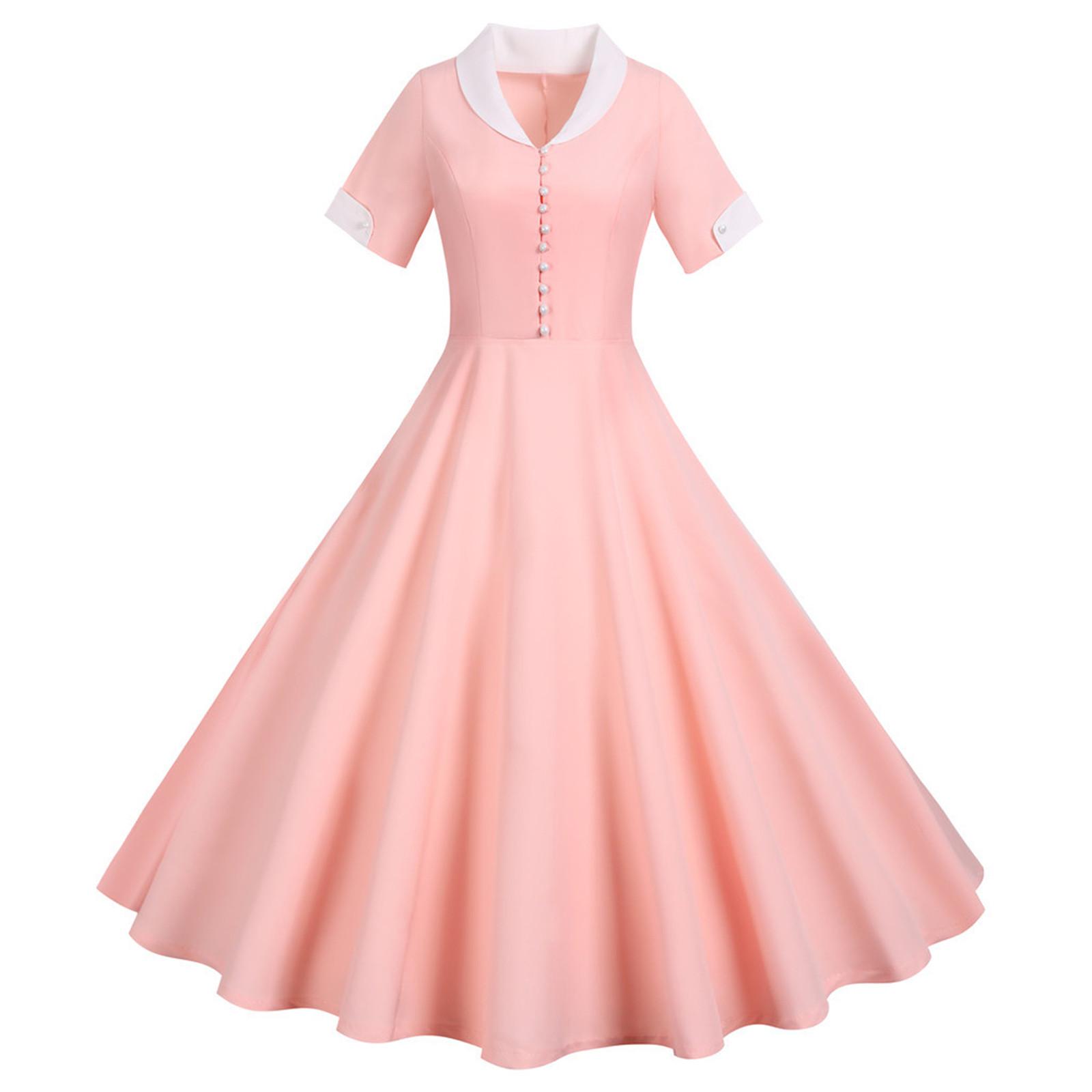 

Женская мода повседневная тонкая однотонная винтажная с коротким рукавом и воротником большого размера платья L