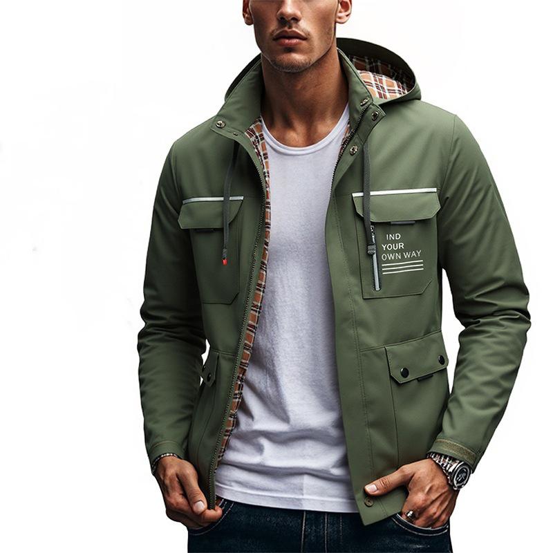 Evropská velikost Pánská nepromokavá větrovka - Lehká, větruodolná, s kapucí, outdoorová bunda pro horolezectví.