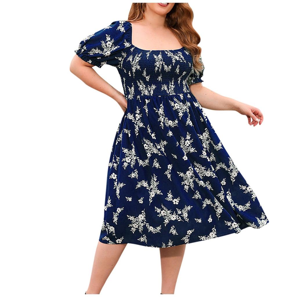 Women's Fashionable And Trendy Temperament Square Neck Short Sleeved Printed Dress In Plus Size