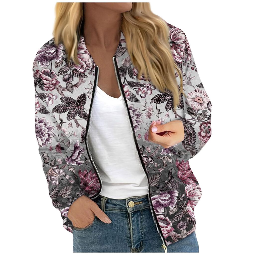 Giacca da donna con cerniera, collo rotondo, stampa floreale/foglia, casual alla moda, a maniche lunghe