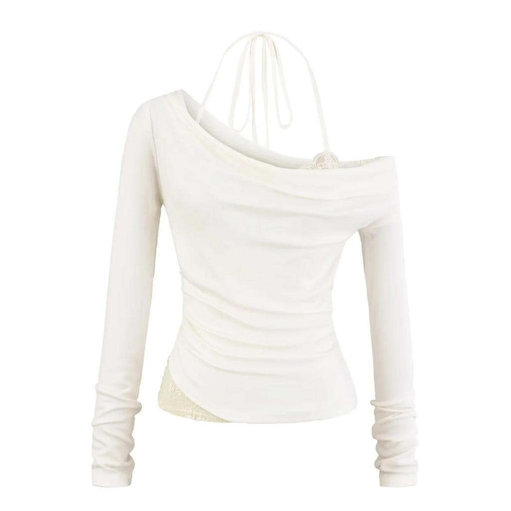 Autumn 2025 Women's Lace Trim Halter Neck Off-Shoulder Slim Long-Sleeve T-Shirt