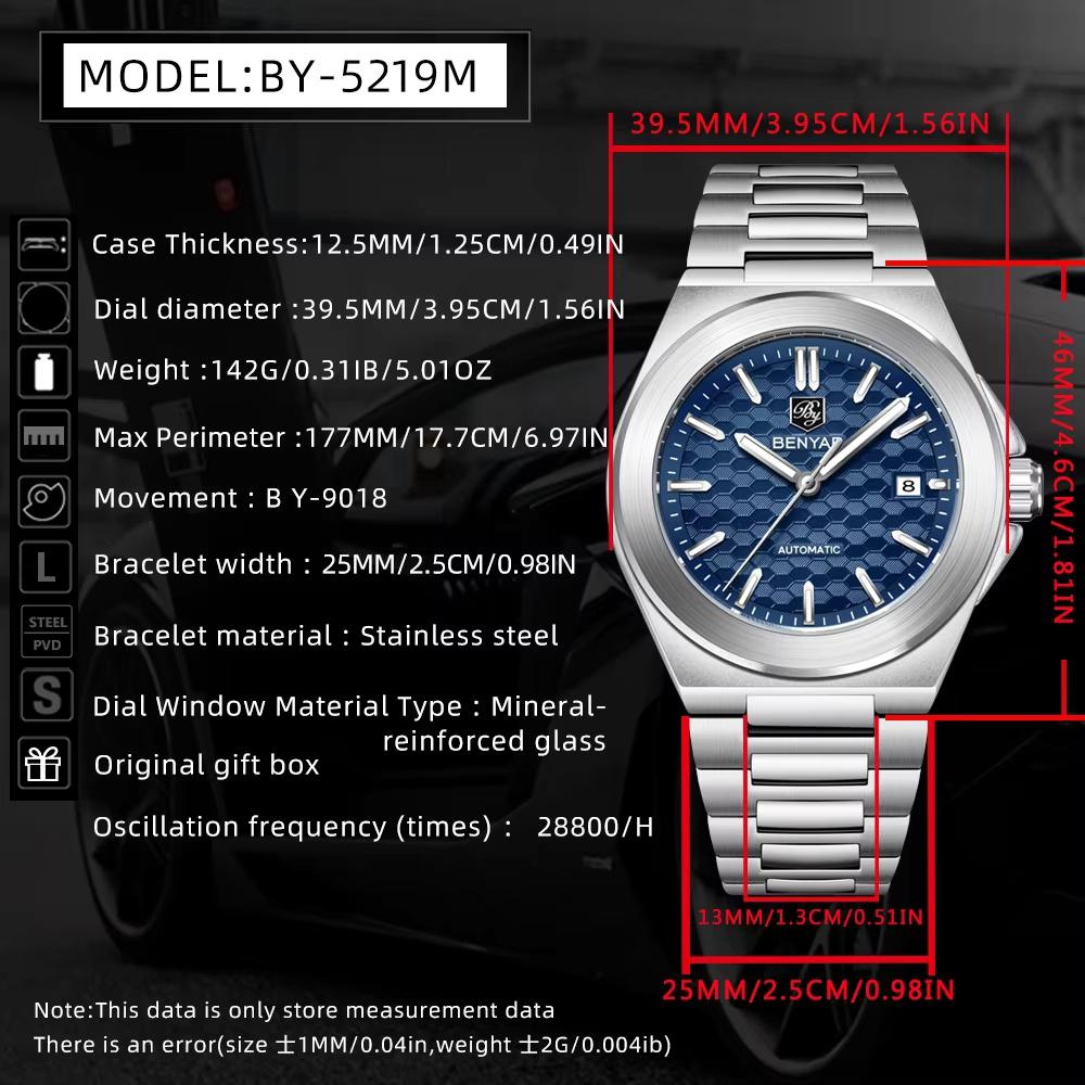 BENYAR Classic Business Sports Watch Mechanical Automatic Stainless Steel Strap Alloy Case Waterproof Luminous Watches For Man