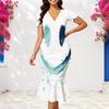 Women Plus Size V Neck Short Sleeve Leaf Printed Fitted Fishtail Dress