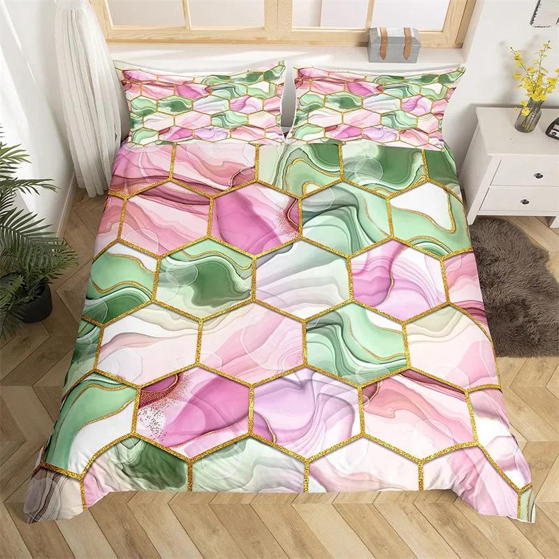 Marble Duvet Cover Set Microfiber Geometric Hexagone Quilt Cover Honeycomb Bedding Set Single King Queen For Kids Teens Adults
