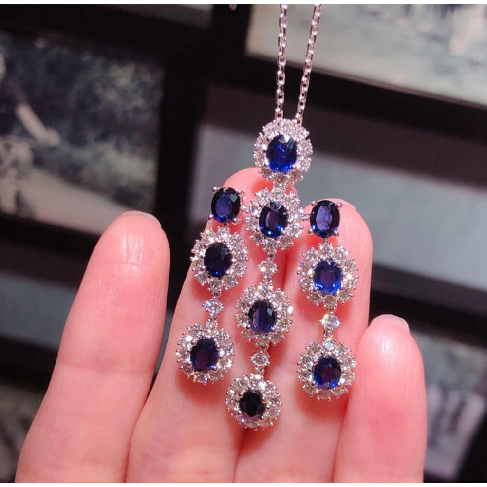 Luxury Blue Diamond Long Earrings Royal Blue Sapphire Necklace Pendant Set for Women Elegant Goddess Jewelry