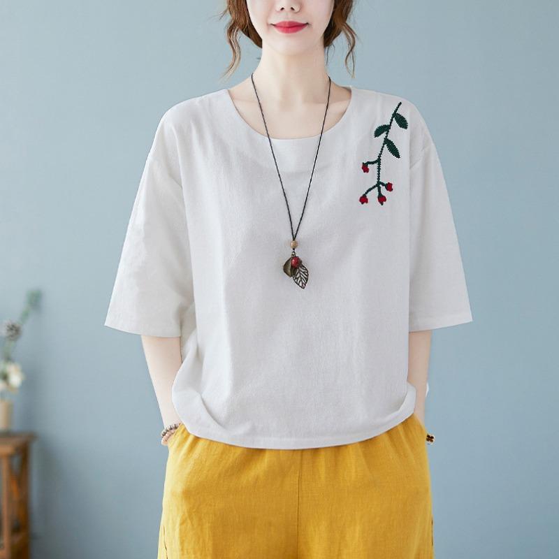 Blusa bordada casual suelta de lino y algodón para mujer, camisa de manga 3/4