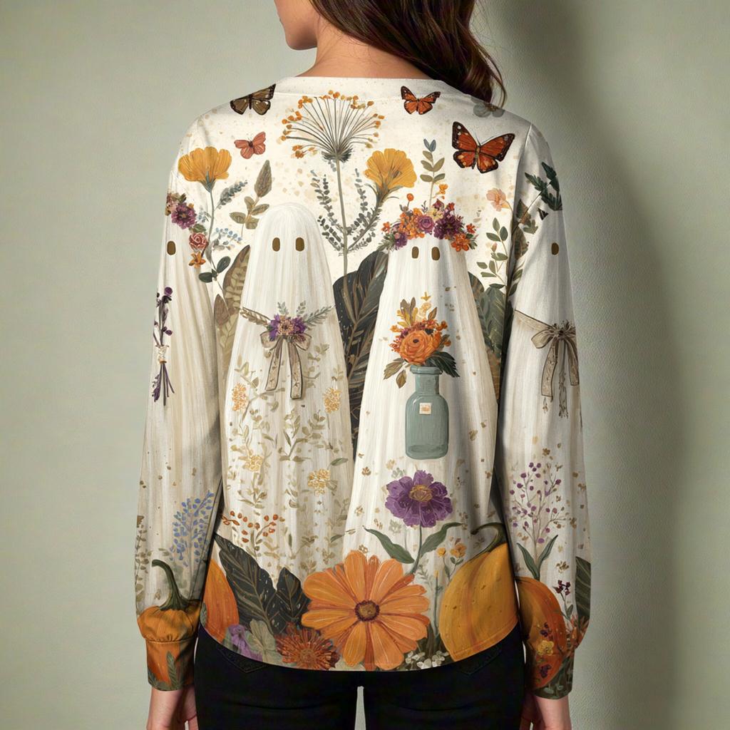 Women's Casual Long Sleeve Single-Breasted Halloween Print Cardigan Top for Fall