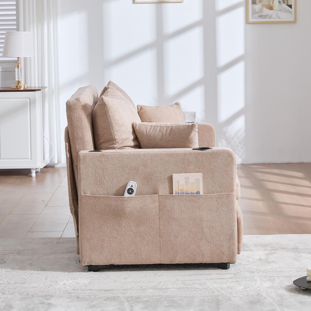 Multifunctional Fabric Sofa, Pull-Out Folding Sofa, with Storage Pockets on the Armrests, with USB Charging Function and Cup Holders (khaki, Chenille)