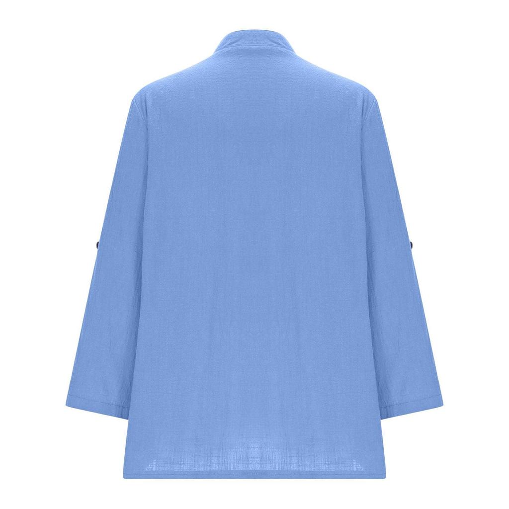 Women's Casual Fashion Solid Color Button V-Neck Long Sleeved Shirt Top Long Sleeved Shirt Top